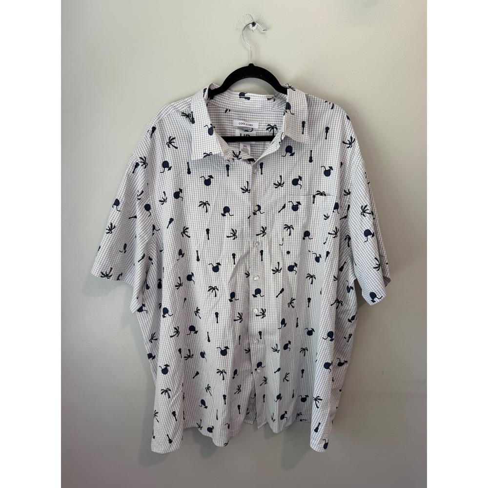 HB Cool & Dry Mens 3XL Tropical Gingham Button Down Shirt Grey White Palm Tree